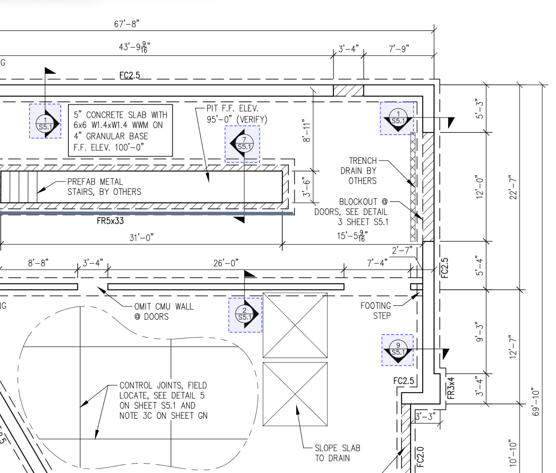 A foundation plan sheet in LevelSheet with every detail callout marker found and highlighted