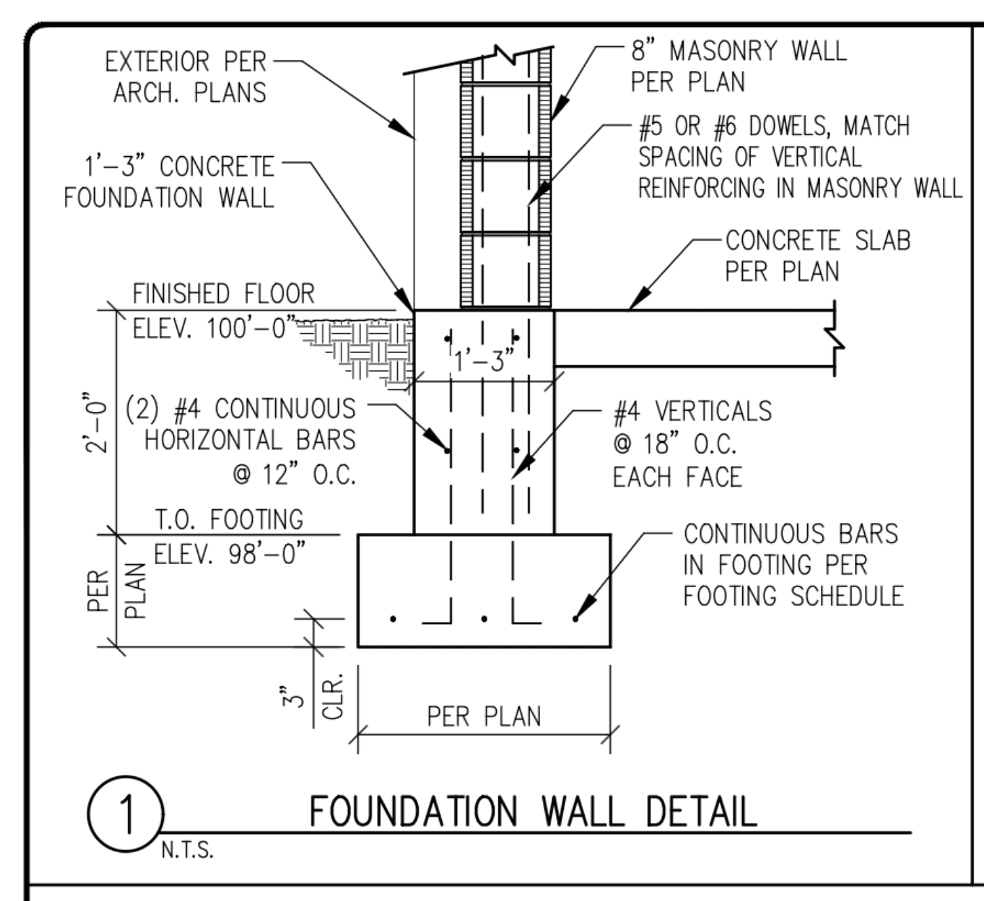 Foundation wall detail 1 from sheet S5.1, showing the concrete foundation wall, its continuous horizontal bars, vertical bars and the footing below